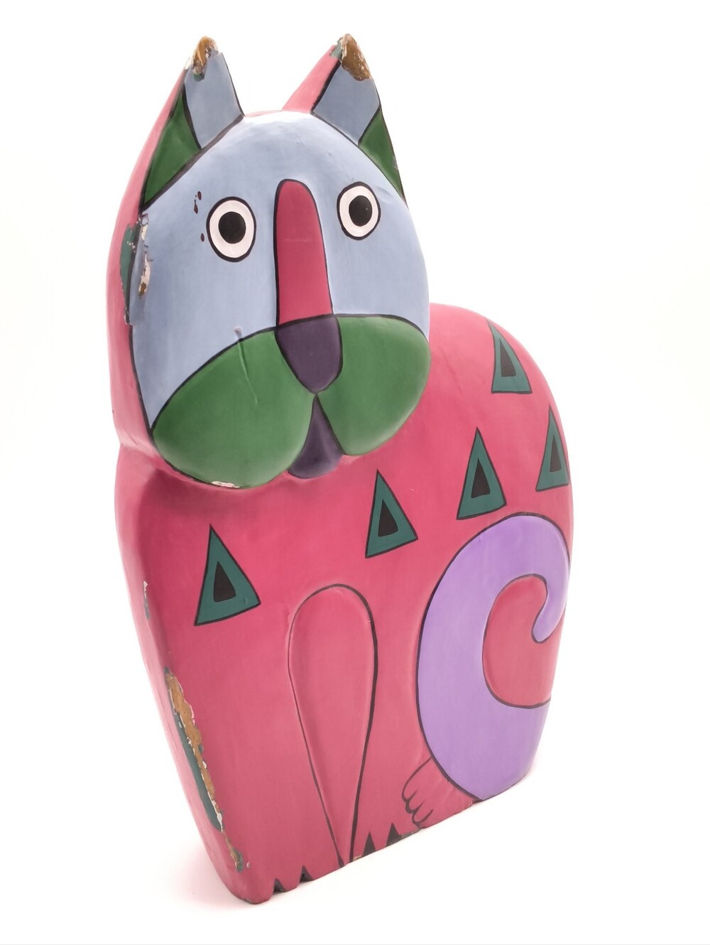 Vintage Laurel Burch Style Carved Wood Cat Statue Hand Painted Folk Art Figurine